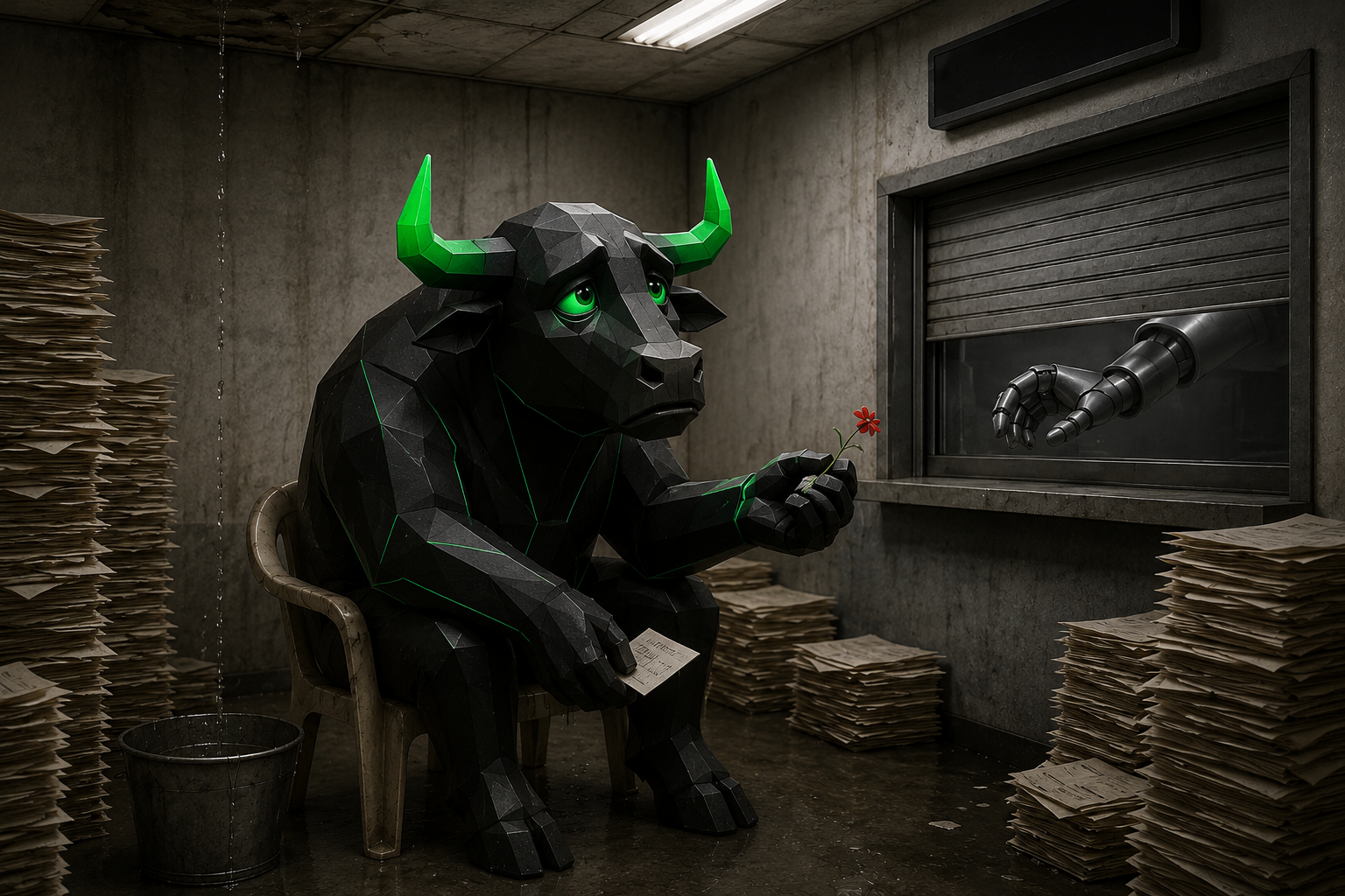 The black bull waiting patiently among towering stacks of paper, offering a tiny red flower toward a service window